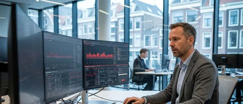Nederlandse IT-specialist in Amsterdams techkantoor analyseert serverstatusschermen met downtime-meldingen, zorgelijke uitdrukking