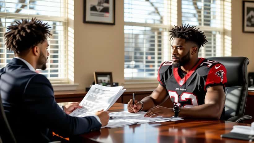 NFL player reviewing contract documents with sports attorney in Atlanta law office on roster cutdown day