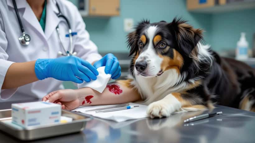 Médecin nettoyant une plaie de morsure de chien sur l'avant-bras d'une patiente dans un cabinet suisse