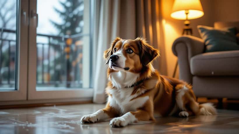 Verängstigter Hund kauert auf dem Boden während eines Gewitters