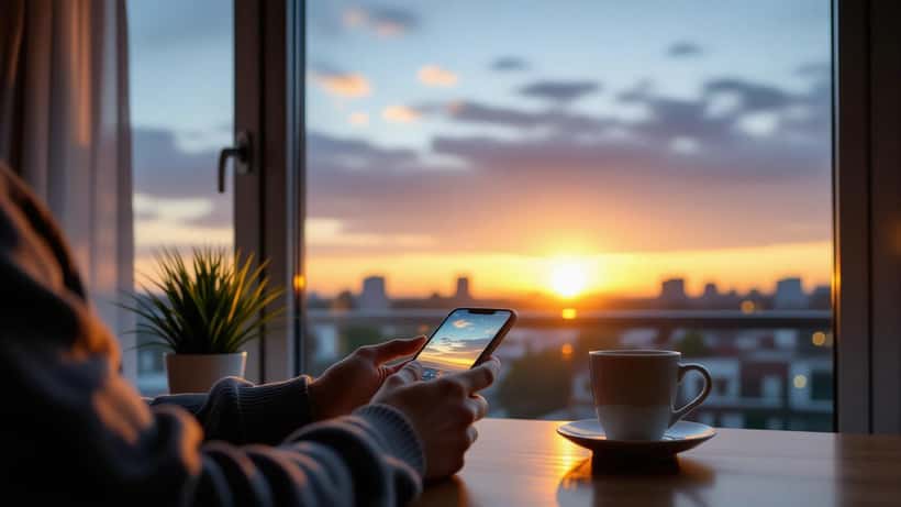 Smartphone met weer-app op tafel naast raam met regendruppels in een Nederlands huis