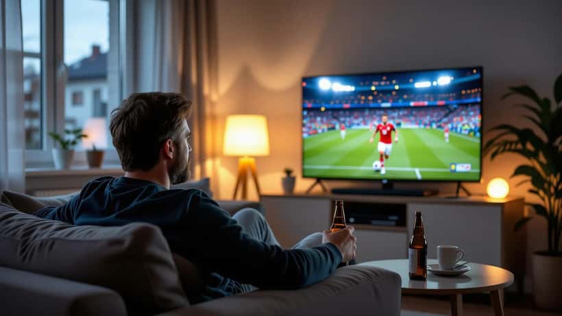 Suomalainen mies katsoo MM-ottelua myöhään yöllä television sinisessä valossa, kello 23:30 Helsingissä