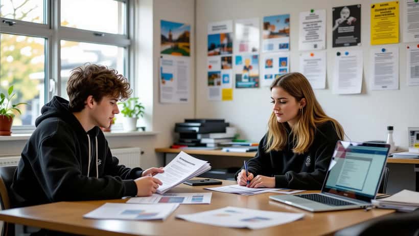 Student and careers advisor reviewing post-16 qualification brochures including V Levels and T Levels in a UK college guidance office 2026