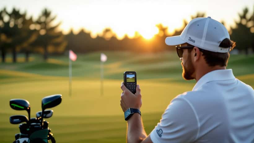 Golfer using a black laser rangefinder to measure distance to a distant flagstick on a sunlit fairway