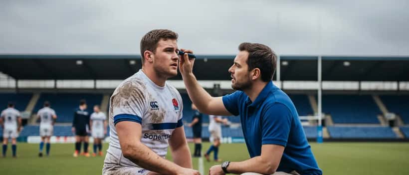 British rugby player being assessed by a sports doctor on the sideline for potential concussion during a Six Nations match