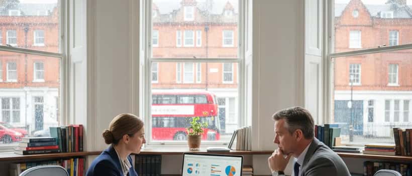 British wealth manager reviewing investment portfolio with client in London office