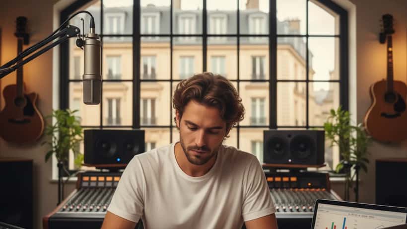 Jeune artiste musical français dans un studio parisien révisant des documents financiers et planifiant sa carrière