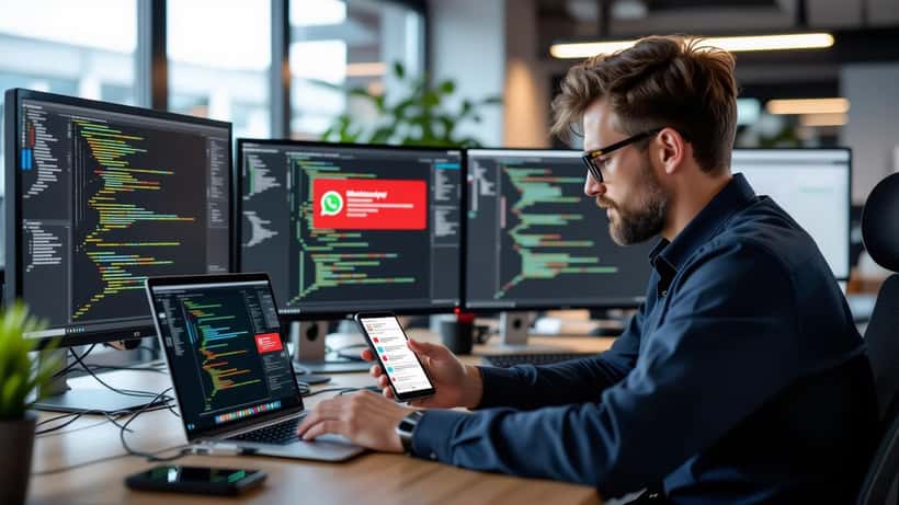 IT-Experte analysiert WhatsApp-Sicherheitswarnung auf Laptop in Hamburg
