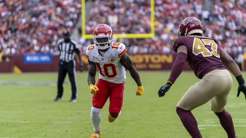 Tyreek Hill Miami Dolphins NFL wide receiver in game action 2021 Wikimedia CC BY-SA 2.0