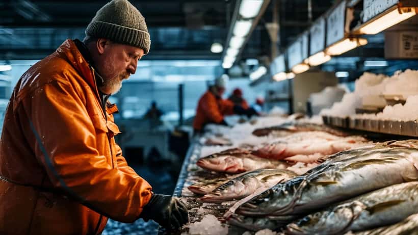 Íslenski sjómaður skoðar ferskan þorsk á uppboðsmarkaði í Reykjavík