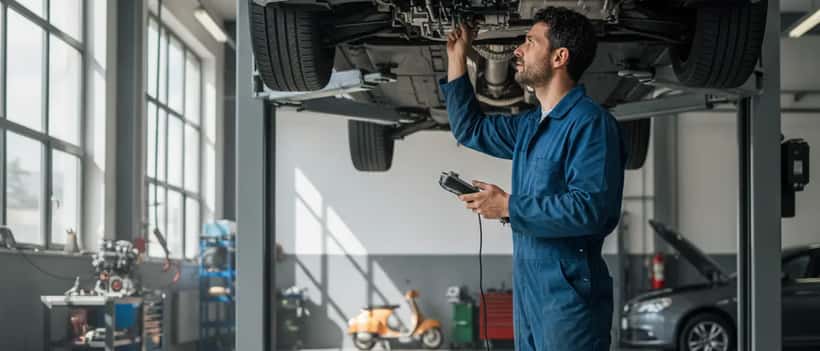 Meccanico italiano controlla il sistema carburante di un'auto sollevata su ponte