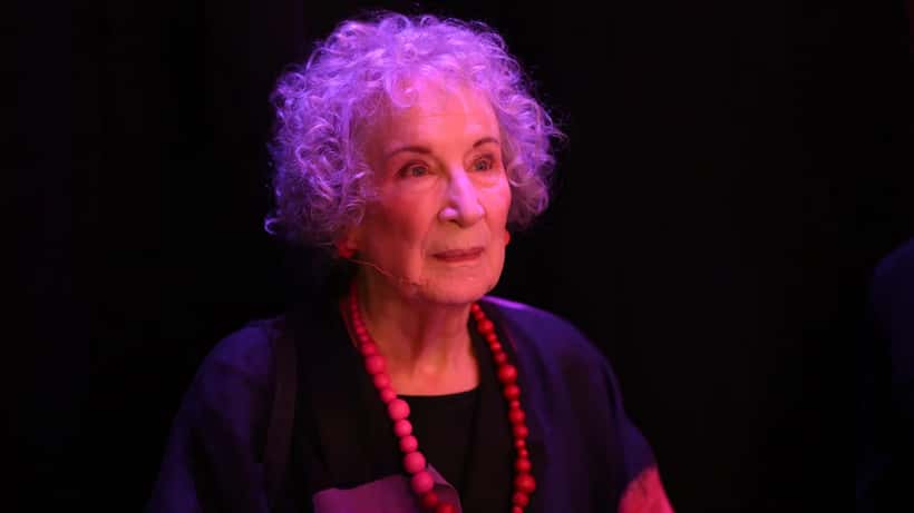 Margaret Atwood, author of The Handmaid's Tale and The Testaments, speaking at a conference