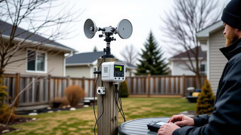 Station météo domestique connectée installée dans une cour arrière au Québec, anémomètre et console Wi-Fi