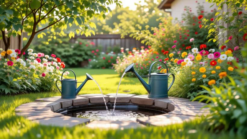 Gartenbrunnen mit Wasserhahn und Gießkanne in einem sonnigen deutschen Garten