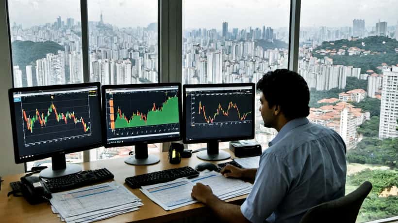 Analista financeiro brasileiro analisando gráficos de preço do petróleo em telas com alta acentuada