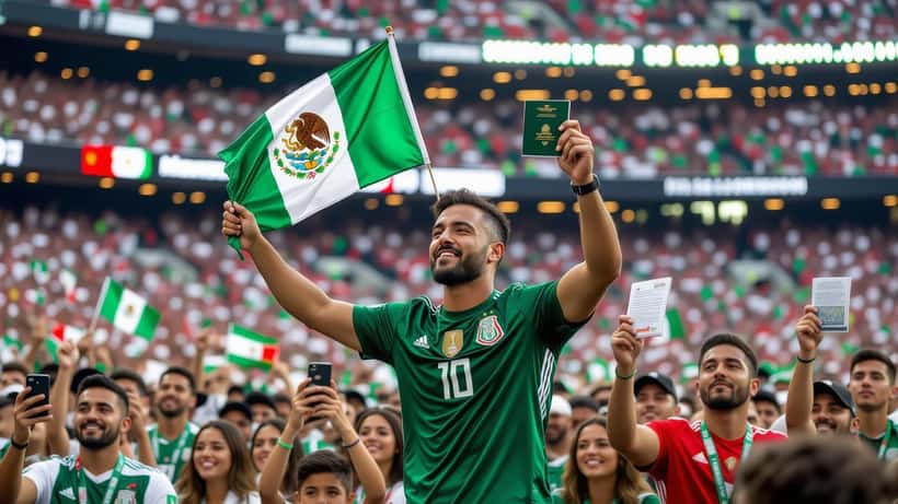 Soccer fans waving Mexican and Colombian flags in a packed stadium in Baltimore