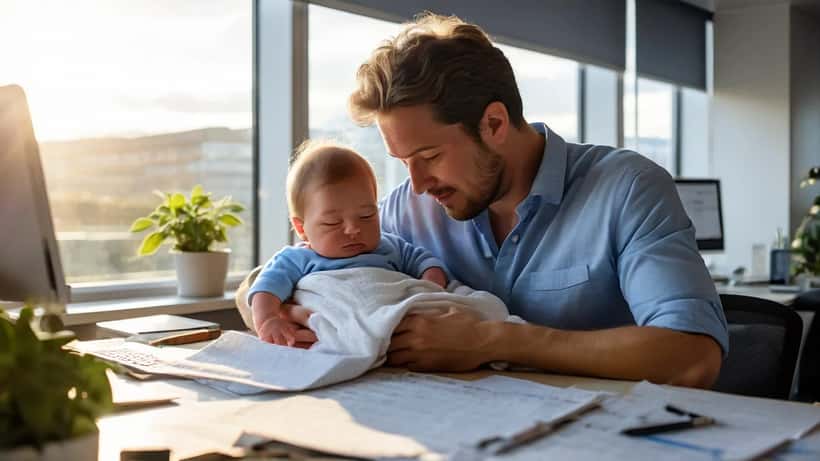 Father in office shirt holding newborn baby at his desk with employment contract visible
