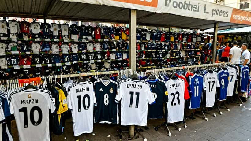 Barraca de mercado em São Paulo exibindo camisas de futebol possivelmente falsificadas com preços suspeitos