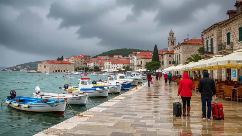 Überflutete Uferpromenade in einem kroatischen Adria-Ort nach schwerem Unwetter, Boote und dunkle Sturmwolken