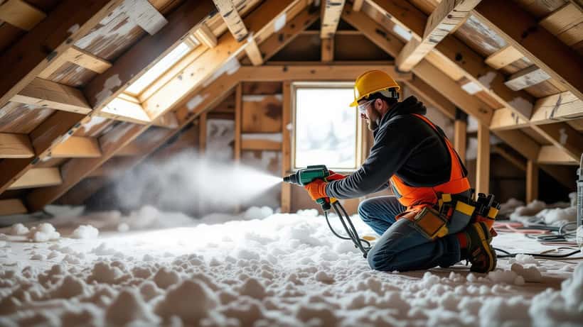 Insulation contractor spraying foam and laying batts between roof joists in a Canadian attic before winter