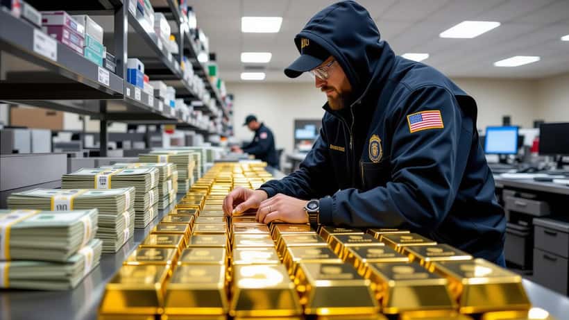 FBI agent examining seized gold bars on evidence table at federal facility in Virginia