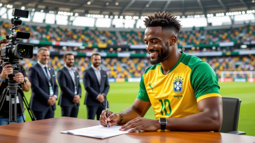 Jogador de futebol brasileiro assinando contrato em sala de coletiva de imprensa, rescisão em acordo Atlético Mineiro 2026