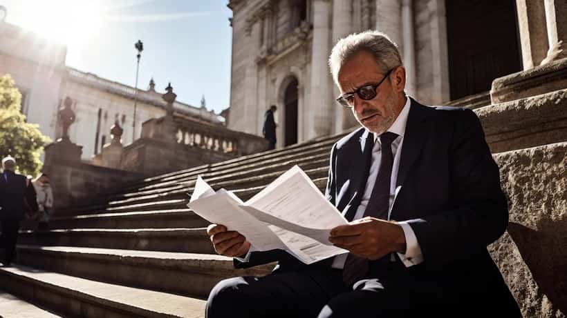 Avocat consultant des dossiers médicaux sur les marches d'un tribunal