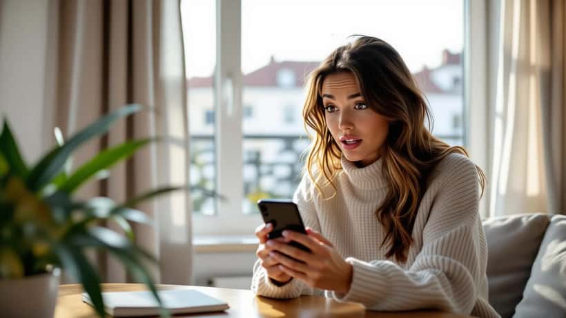 Pessoa a verificar mensagens privadas no smartphone em apartamento lisboeta