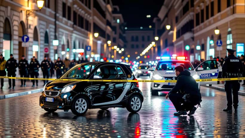 Detective esamina minicar nera sequestrata su strada acciottolata di Roma di notte con luci di emergenza carabinieri
