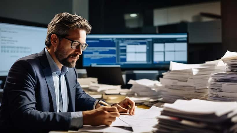 Producteur de contenu examinant des contrats dans un bureau de production à Montréal