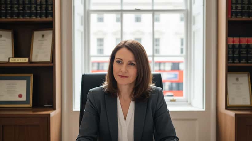 Female wealth management adviser reviewing financial documents in a London office
