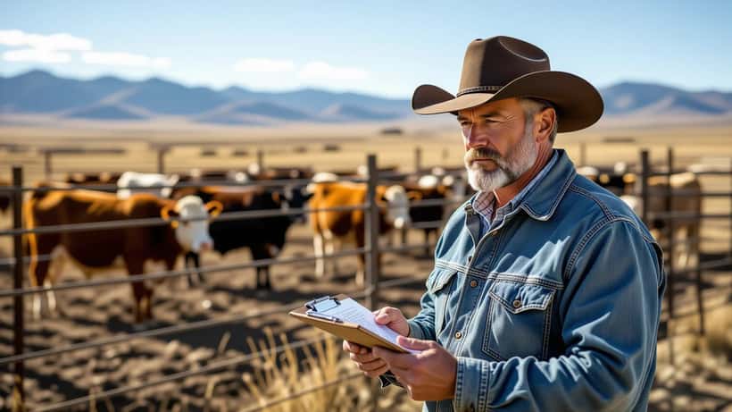 Cattle rancher reviewing supply contract documents at a Wyoming livestock pen with beef cattle in background