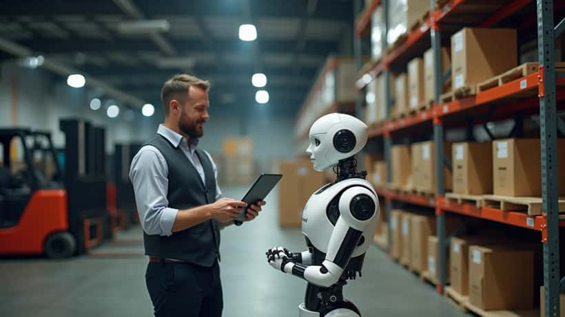 IT-konsulent observerer humanoidrobot i dansk lagerhal