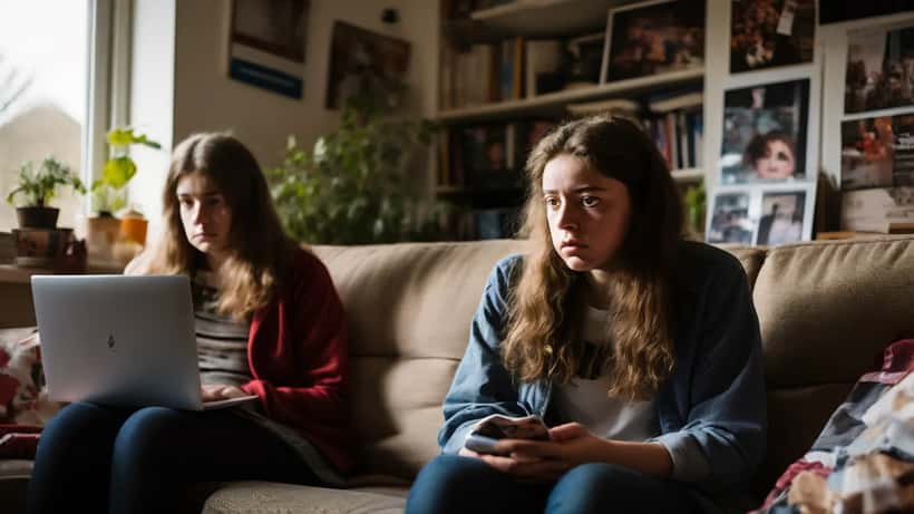 Parent and teenager having a conversation about disturbing TV content with NHS mental health resources on table