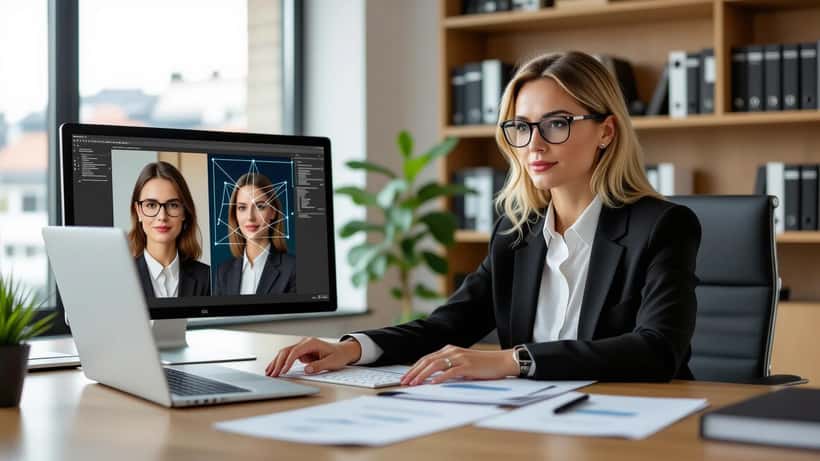 Rechtsanwältin prüft KI-Deepfake-Bilder auf Laptop in Münchner Kanzlei, Gerichtsdokumente auf dem Schreibtisch