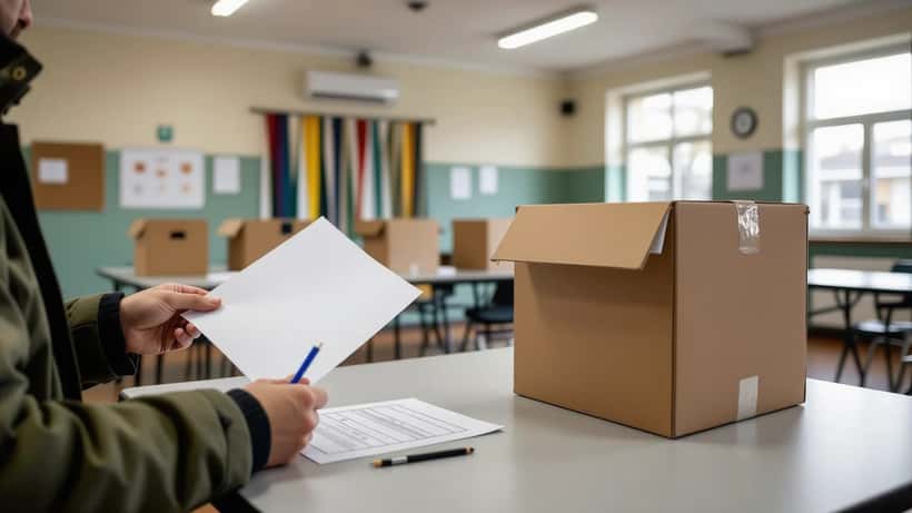 Elettore con scheda e matita accanto a una cabina elettorale in un seggio italiano