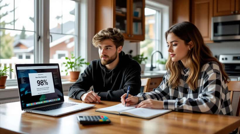 Student and math tutor at a kitchen table reviewing a 98% movie score and calculating averages