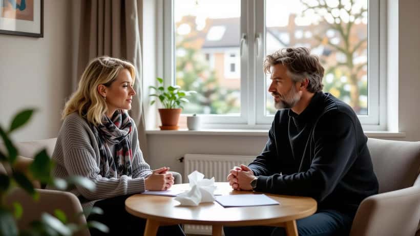 Mental health counsellor listening to a grieving person in a calm UK therapy room