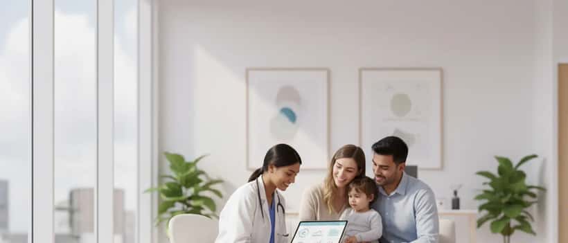 British paediatrician consulting warmly with family about child rare syndrome diagnosis in clinic