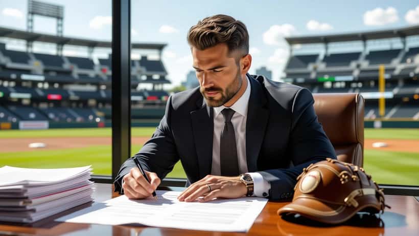 Abogado deportivo revisando contrato de pelotero de MLB con guante de béisbol sobre el escritorio
