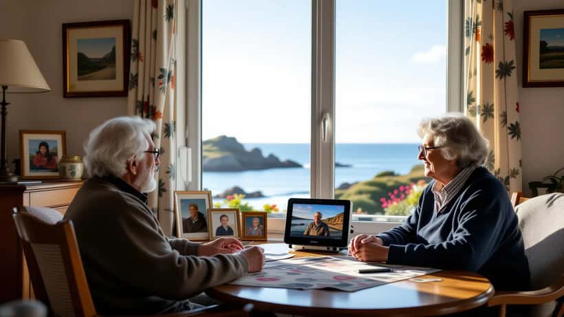 Homme âgé communiquant grâce à une tablette IA en bord de mer breton, accompagné d'un proche