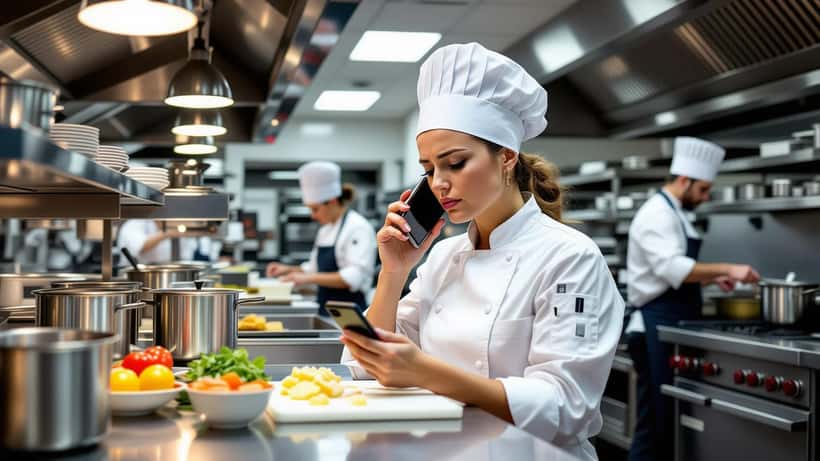 Femme en tenue de cuisine lisant un message menaçant sur son téléphone dans une cuisine professionnelle parisienne