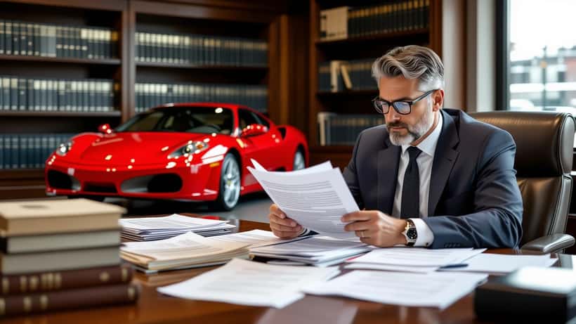 Avocat québécois révisant des documents de saisie avant jugement avec photo de Ferrari sur son bureau à Montréal