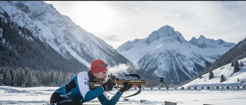 Skieur de fond amateur au stand de tir en biathlon dans un paysage alpin enneigé