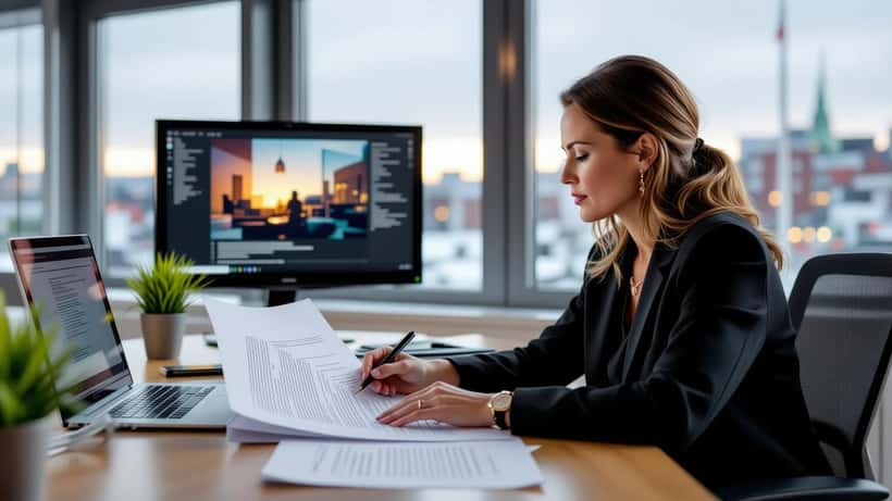 Jurist läser ett avtal vid ett skrivbord med en tv i bakgrunden