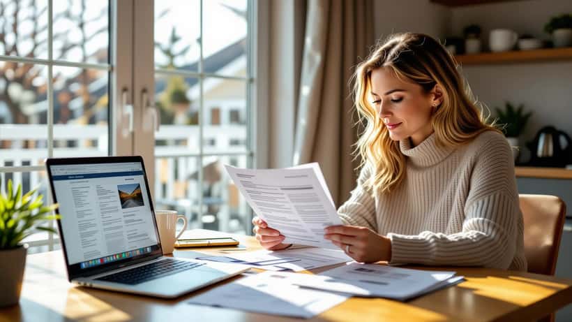 Canadian woman reviewing travel budget and financial documents at kitchen table in 2026