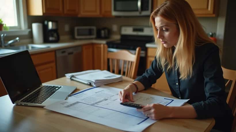 Femme examinant sa facture d'électricité NB Power à la cuisine à Fredericton