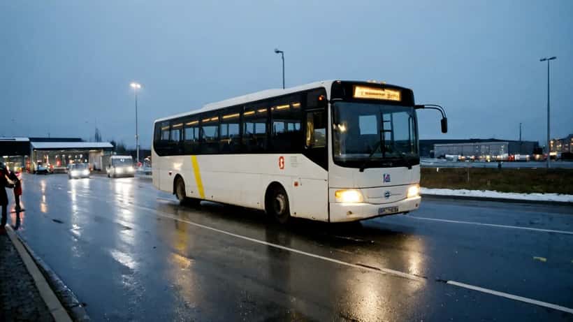 Tom norsk regionalbuss parkert ved depot om natten i Vestby Akershus, mørk vei og industriområde i bakgrunnen