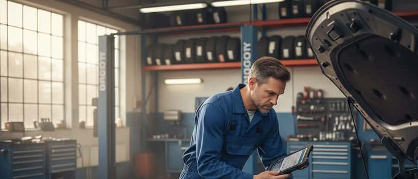Norsk bilmekaniker i blå kjeledress undersøker bilmotor med diagnostikkverktøy i Stavanger verksted