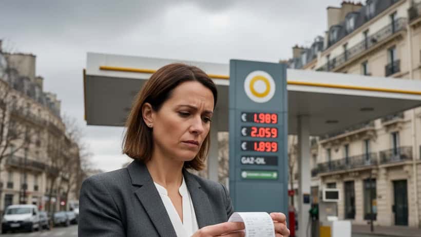 Femme française inquiète à la pompe à essence avec ticket de caisse à Paris